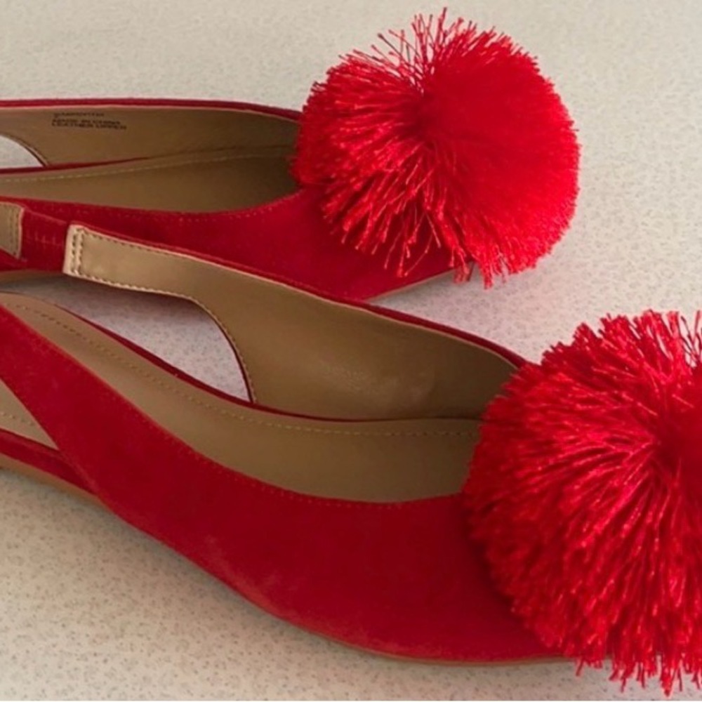 Red Suede Pom-Pom Slingback Flats